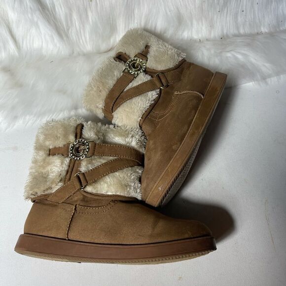 G by Gess tan suede faux fur ankle boots with side buckle slip on. - Picture 7 of 9
